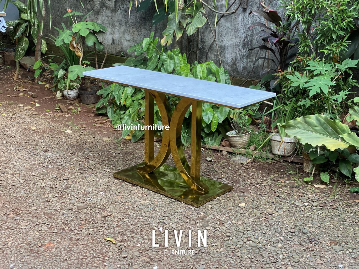Meja Console Stainless Gold Marmer Carrara Minimalis