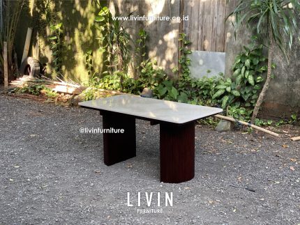Meja Makan Jati Marmer Kaki Salur Mewah Minimalis