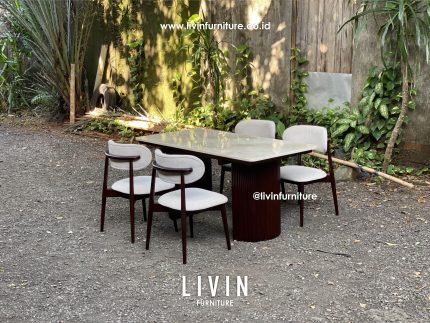 Meja Makan 4 Kursi Jati Marmer Cream Mewah Minimalis