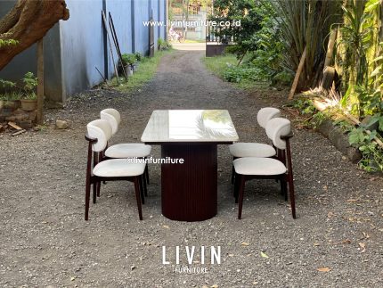 Meja Makan 4 Kursi Jati Marmer Cream Mewah Minimalis