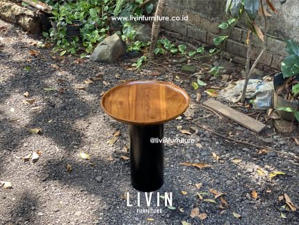 Meja Kopi Jati Solid Bulat Natural Hitam Modern Minimalis