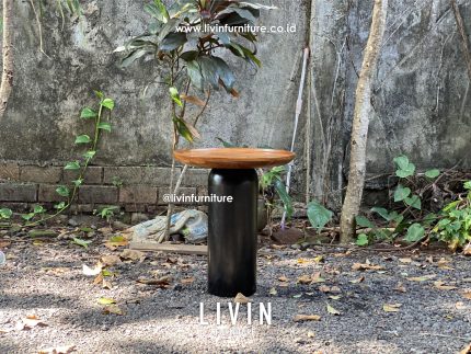Meja Kopi Jati Solid Bulat Natural Hitam Modern Minimalis