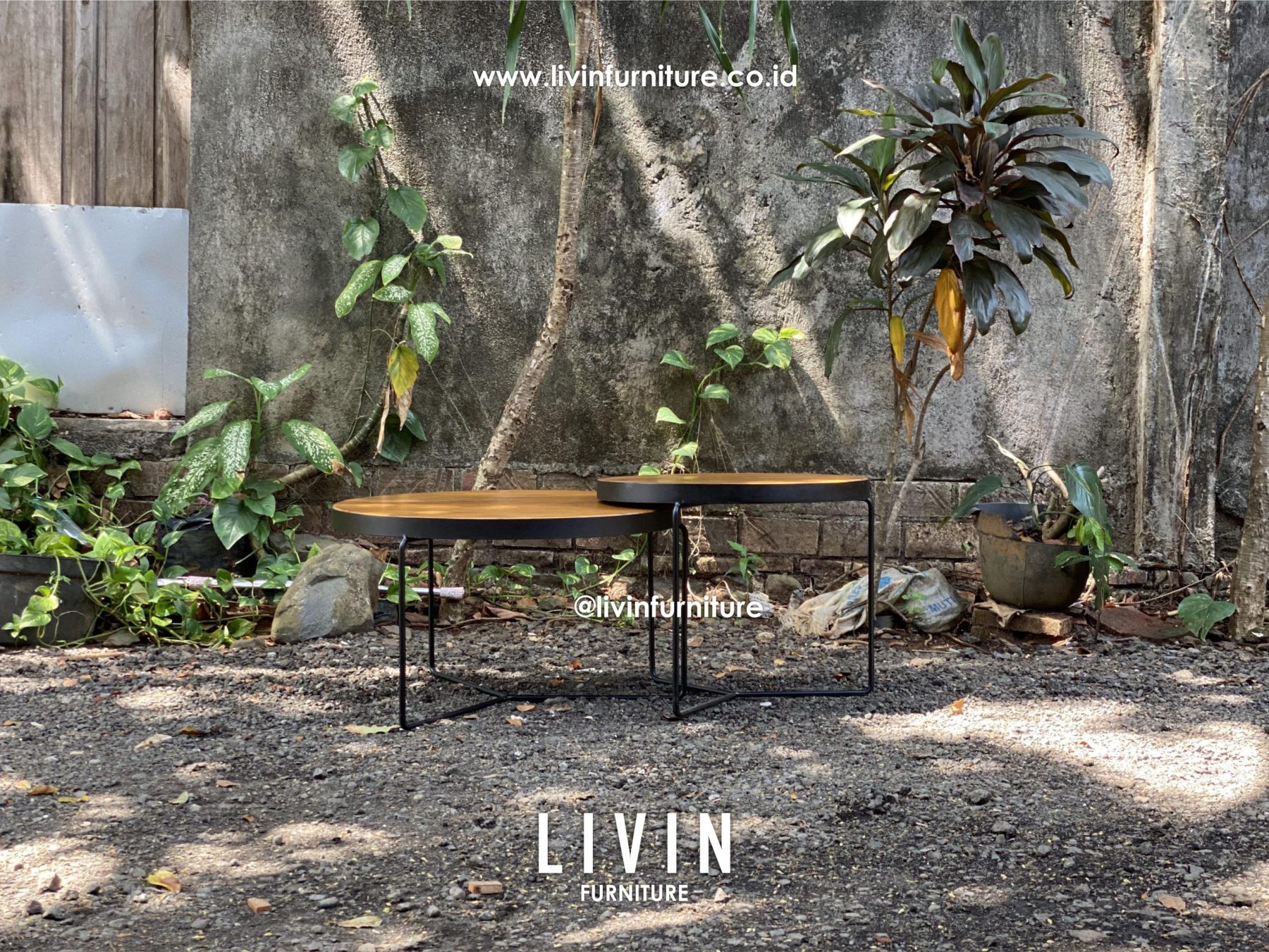 Meja Tamu Jati Kaki Besi Bulat Modern Minimalis