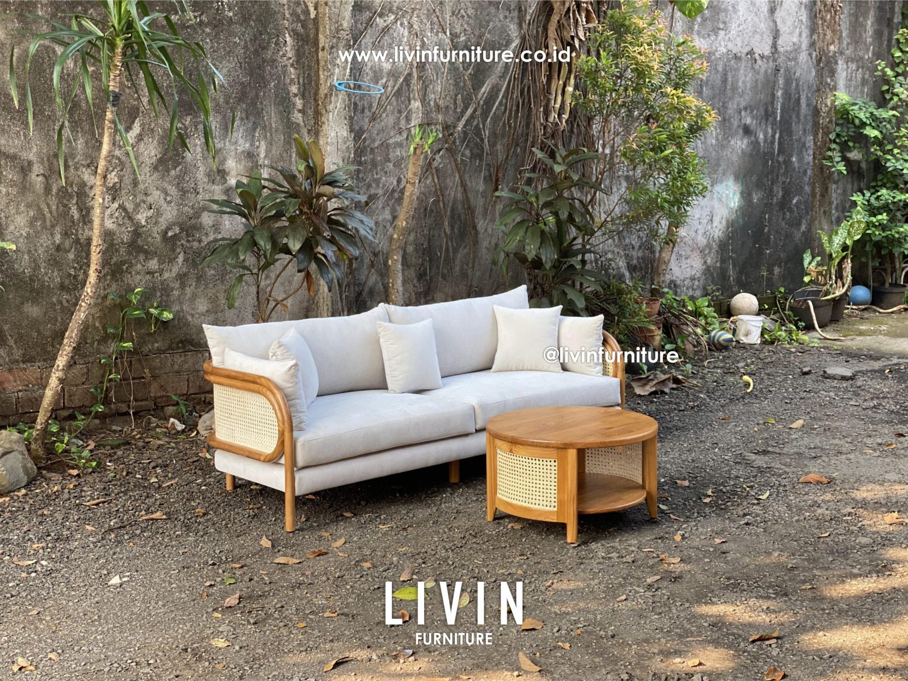 Sofa Tamu Set Jati Rotan Oval Meja Bulat Modern Minimalis