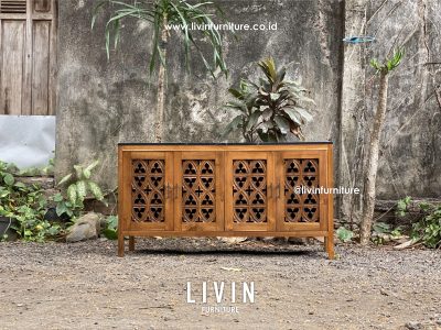 Bufet Jati Klasik Marmer Hitam 4 Pintu Modern Minimalis