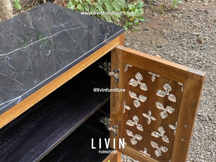 Bufet Jati Klasik Marmer Hitam 4 Pintu Modern Minimalis