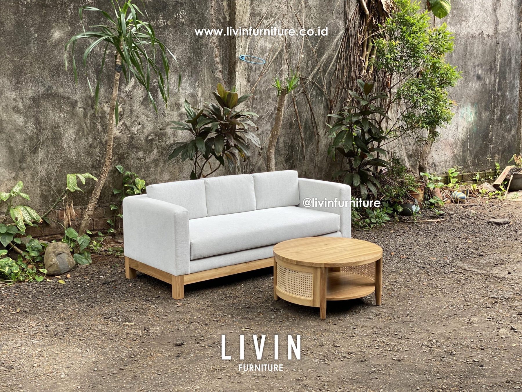 Sofa Tamu Set Meja Jati Rotan Bulat Modern Minimalis