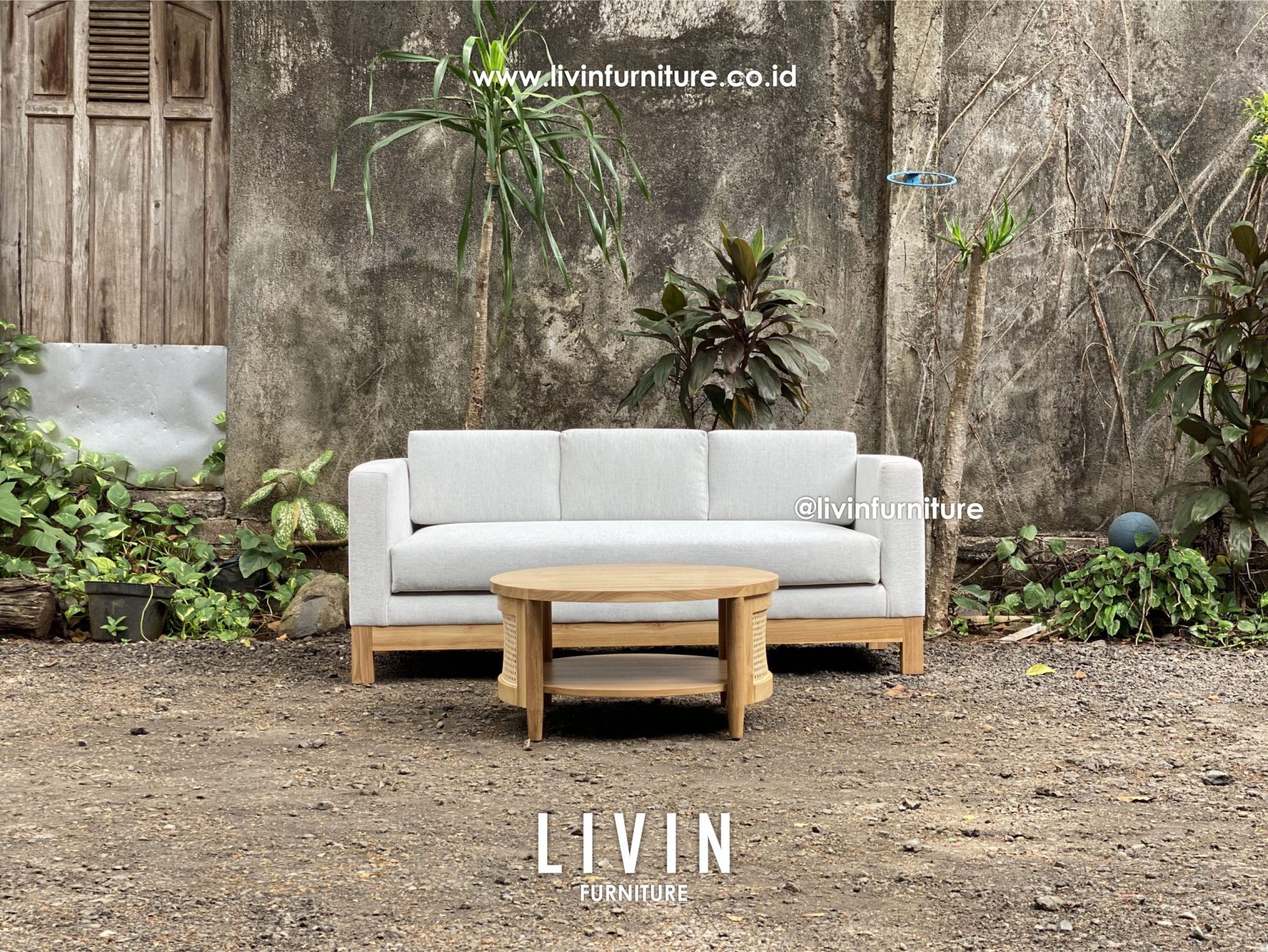 Sofa Tamu Set Meja Jati Rotan Bulat Modern Minimalis