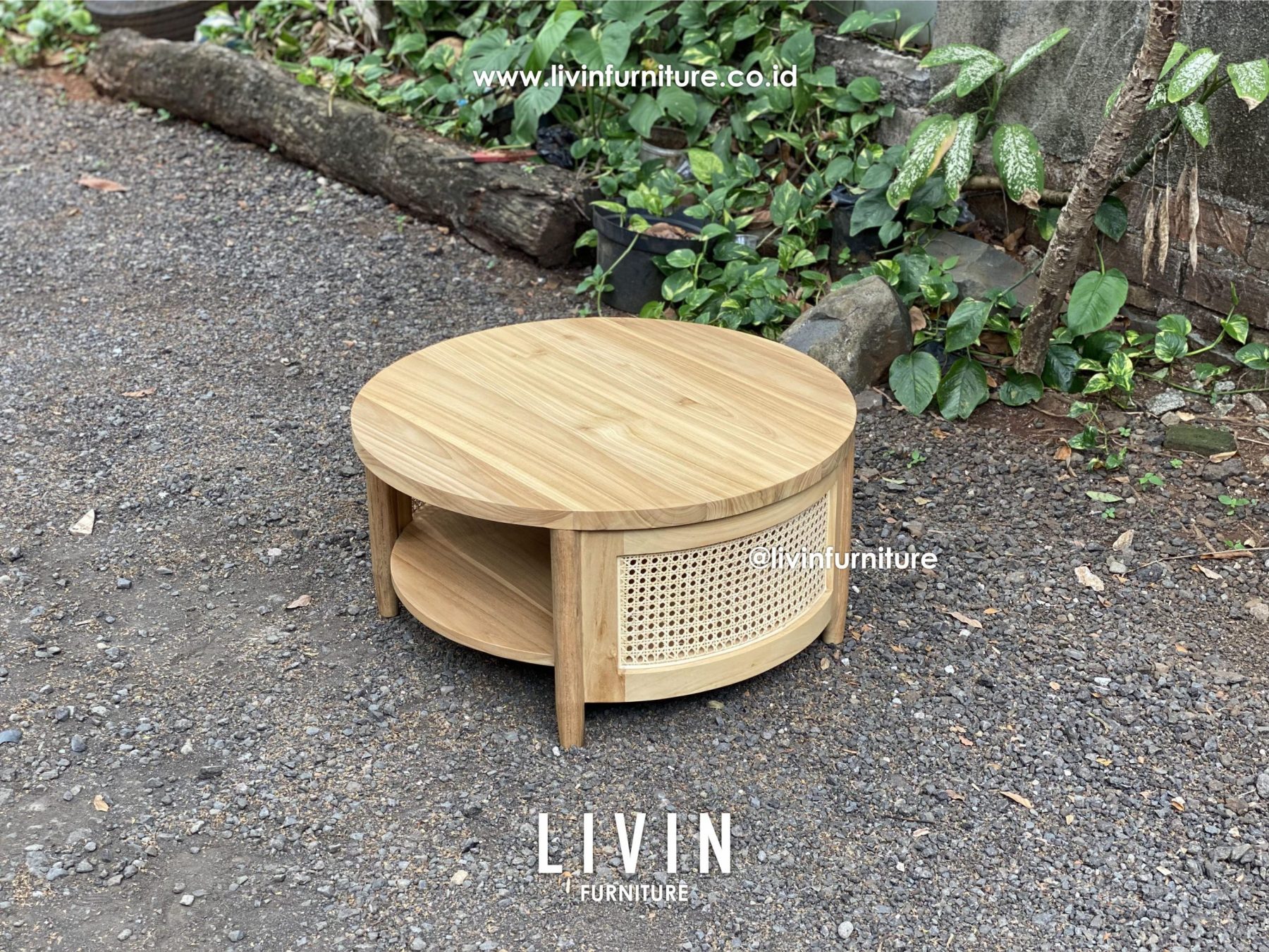 Meja Tamu Jati Rotan Bundar Bulat Modern Minimalis