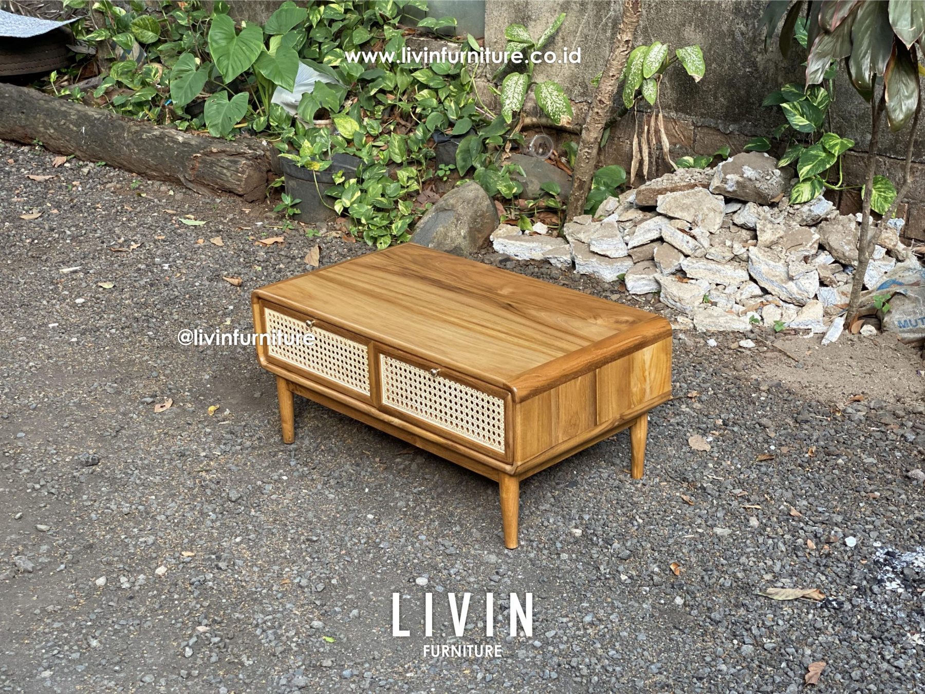 Meja Tamu Jati Rotan 2 Laci Modern Minimalis