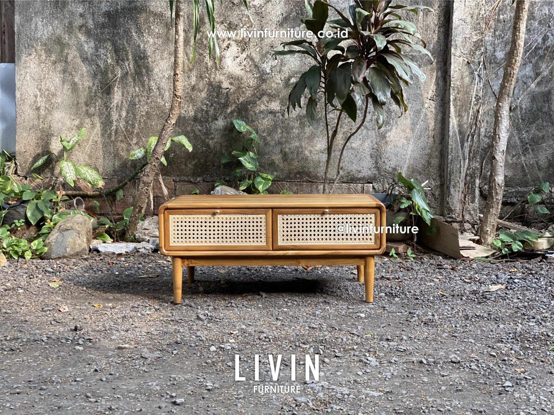 Meja Tamu Jati Rotan 2 Laci Modern Minimalis