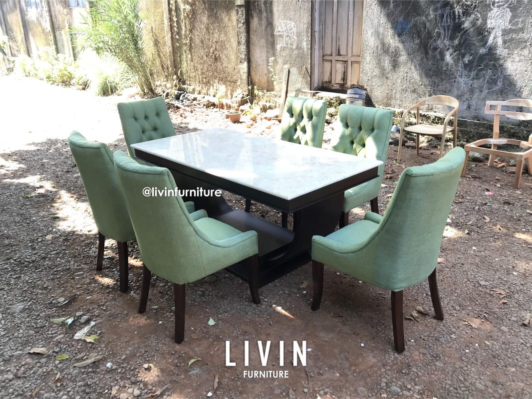 Meja Makan Jati Marmer 6 Kursi Hijau Modern Minimalis
