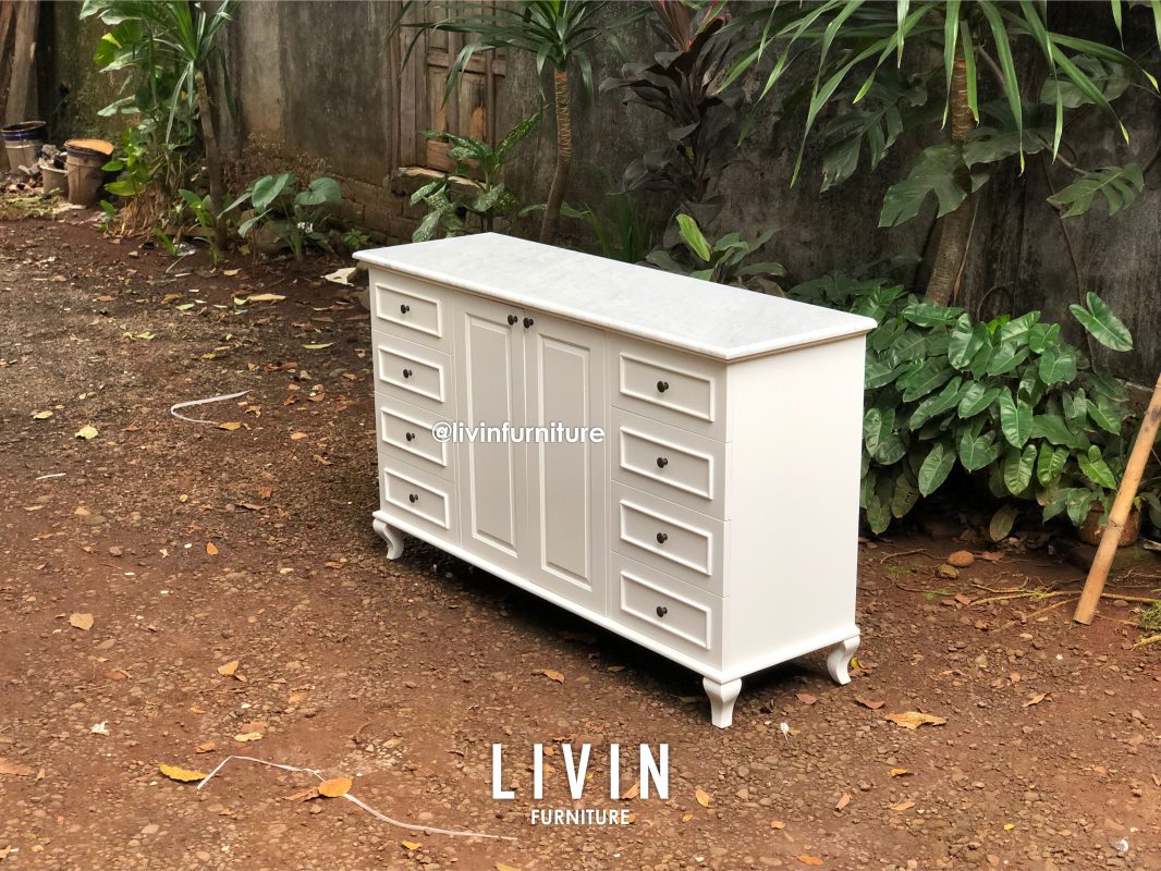 Bufet Duco Putih Marmer 8 Laci 2 Pintu Modern Minimalis