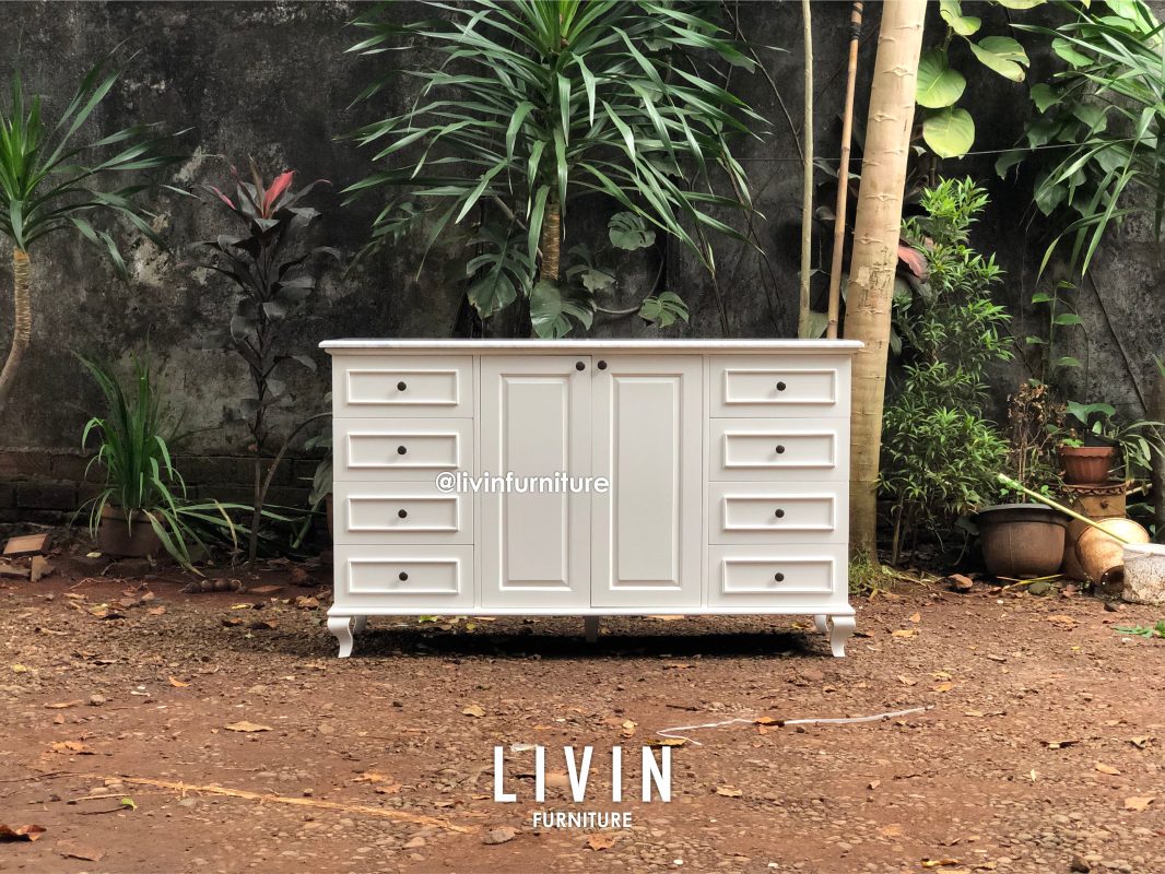 Bufet Duco Putih Marmer 8 Laci 2 Pintu Modern Minimalis