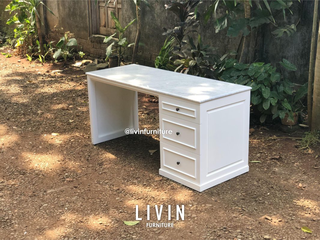 Meja Kerja Duco Putih Marmer 3 Laci Modern Mewah