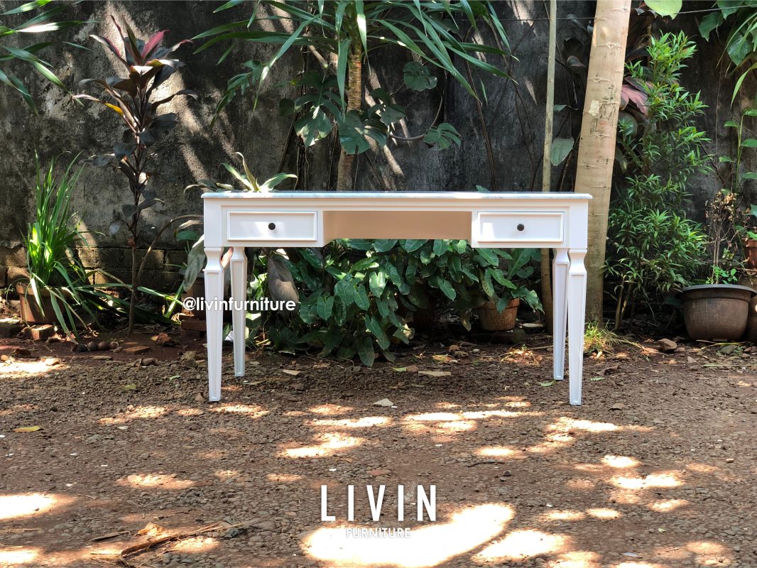 Meja Belajar Duco Putih Marmer 2 Laci Modern Minimalis