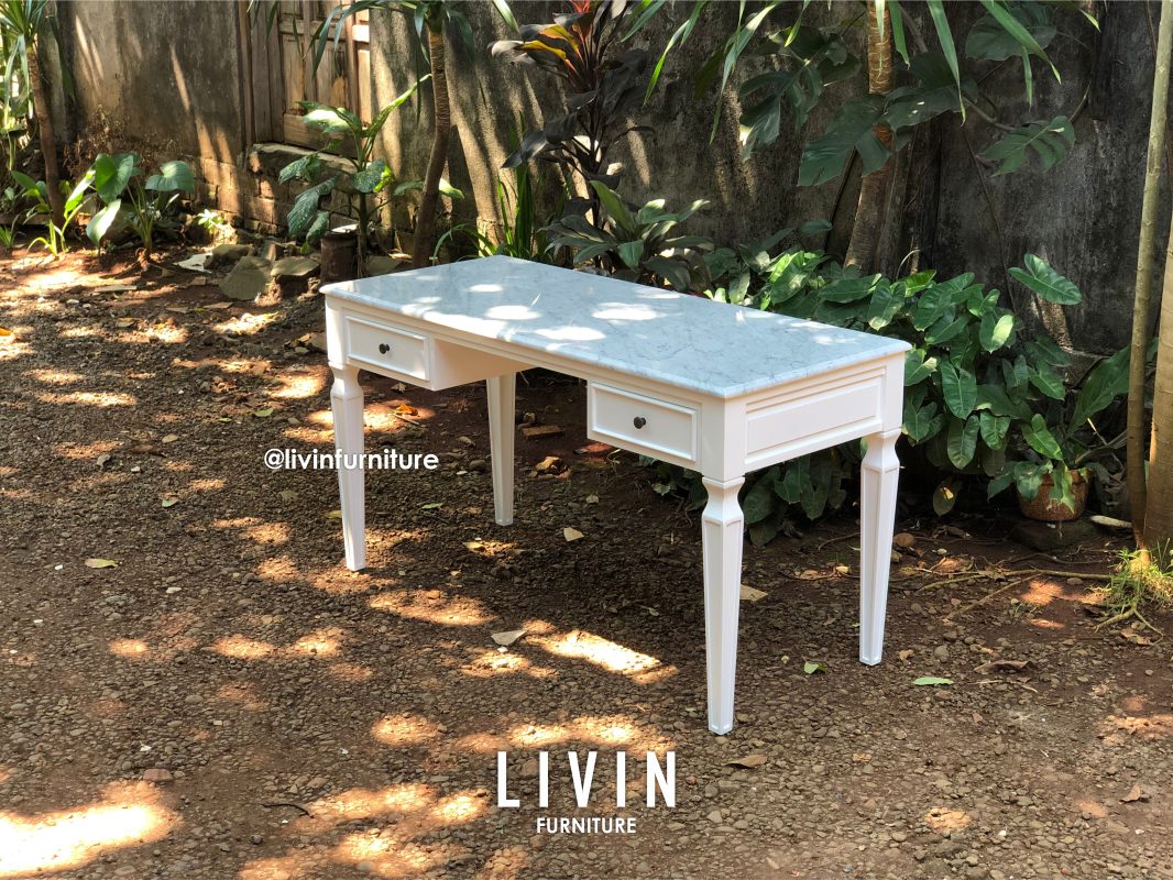 Meja Belajar Duco Putih Marmer 2 Laci Modern Minimalis