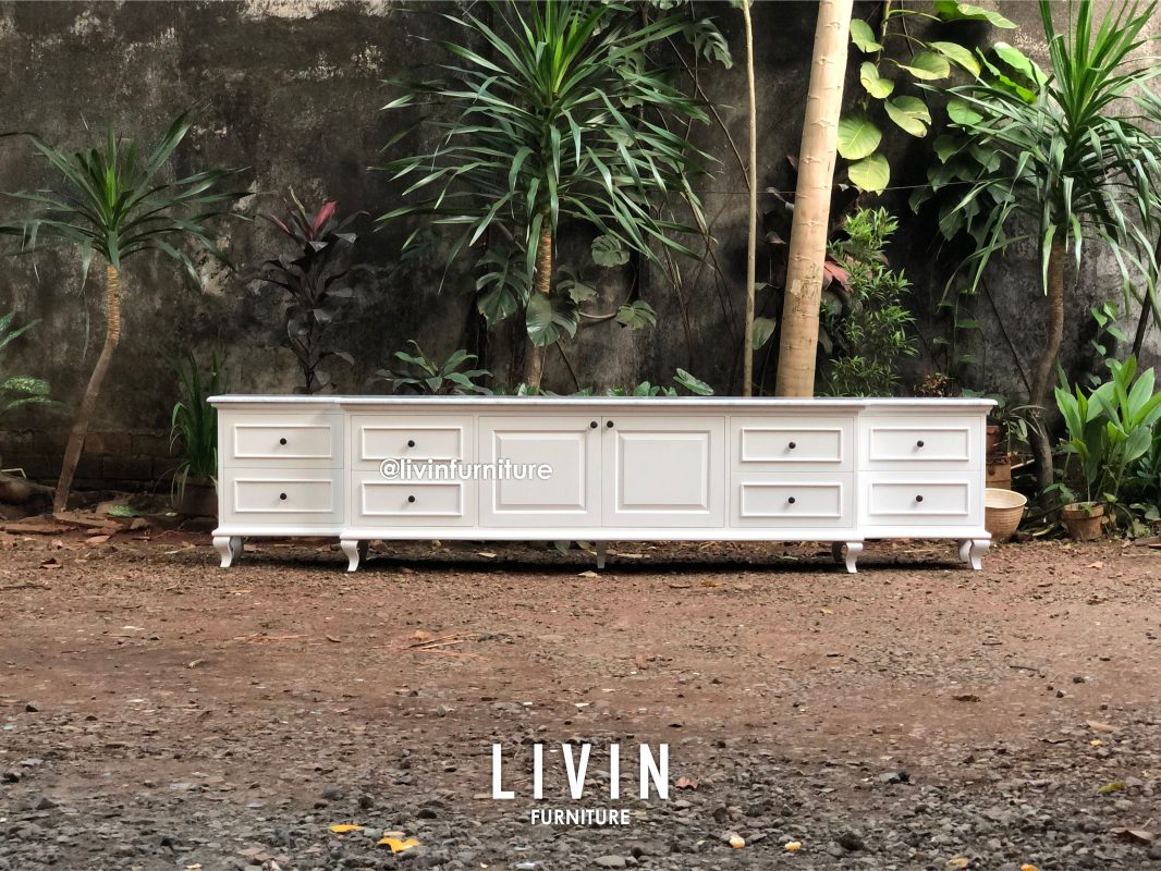 Meja TV Duco Putih Marmer Klasik Modern Mewah