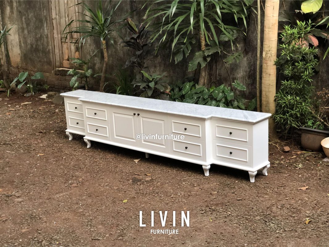 Meja TV Duco Putih Marmer Klasik Modern Mewah