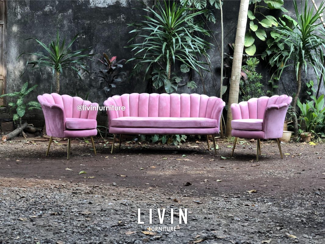 Sofa Kerang Pink Kaki Stainless Gold Modern Minimalis