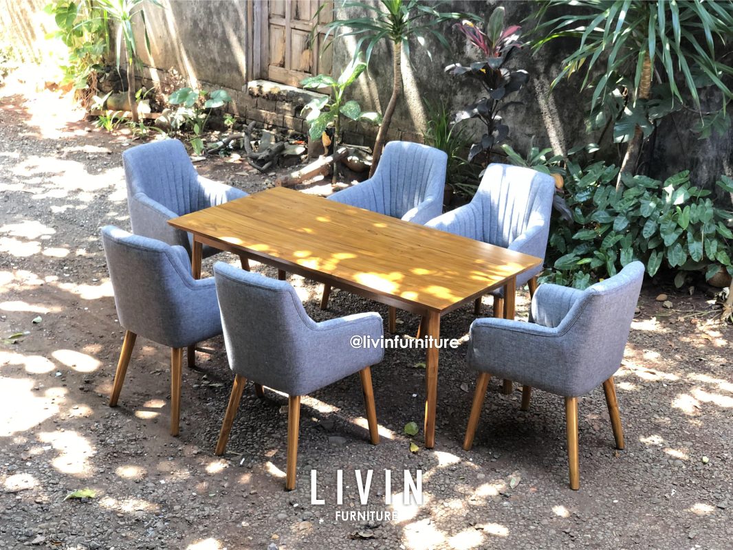 Meja Makan Jati 6 Kursi Sofa Abu Abu Modern