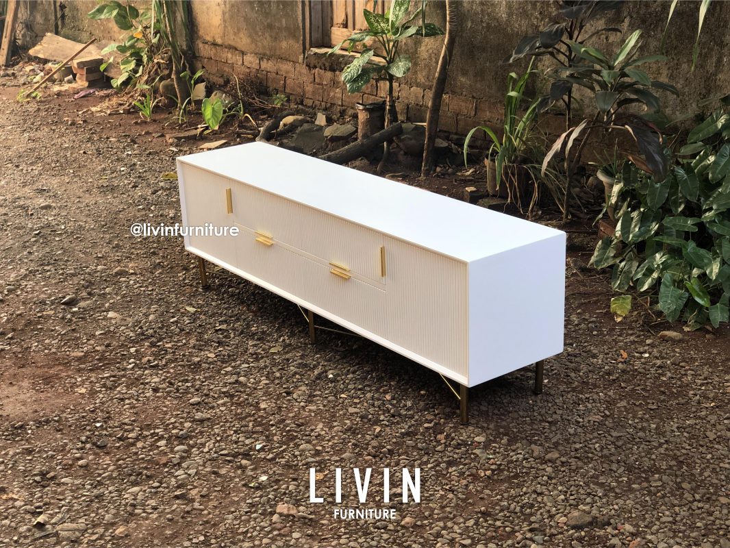 Meja TV Putih Salur Kaki Stainless Modern Minimalis