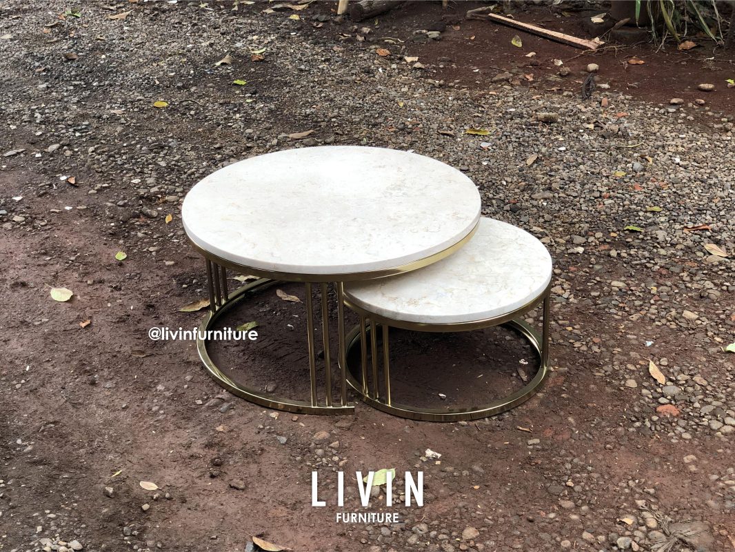 Meja Tamu Stainless Gold Marmer Cream Modern Minimalis