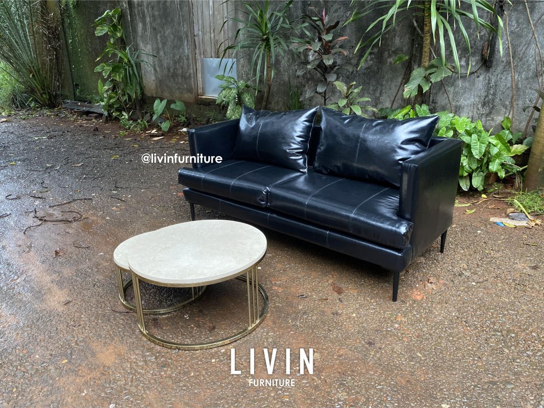 Sofa Tamu Kulit Hitam Meja Stainless Marmer Mewah
