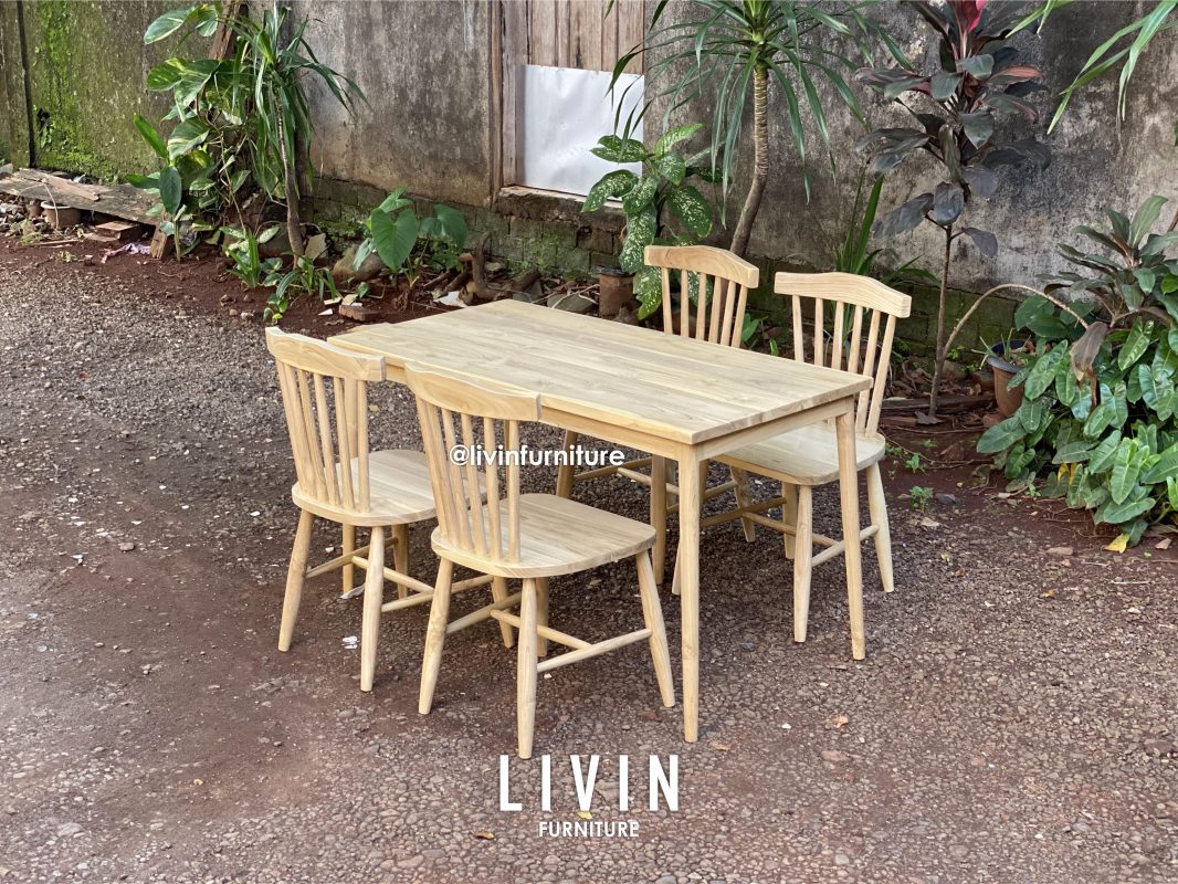 Meja Makan 4 Kursi Jati Jari Jari Japandi Modern Minimalis