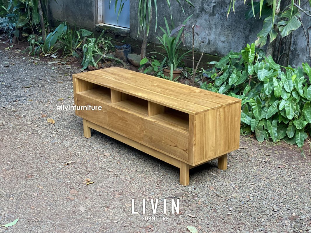 Meja TV Jati 3 Laci Modern Minimalis