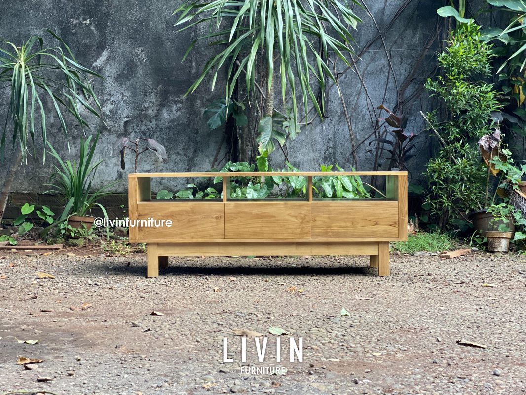 Meja TV Jati 3 Laci Modern Minimalis