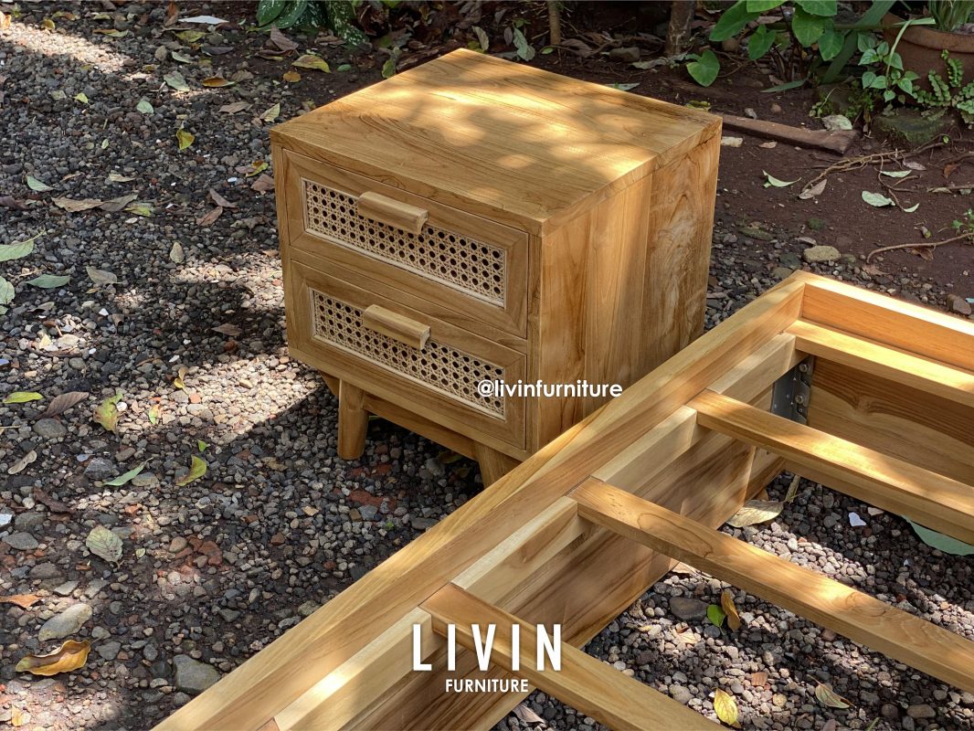 Dipan Tidur Jati 2 Laci Nakas Rotan Modern Minimalis