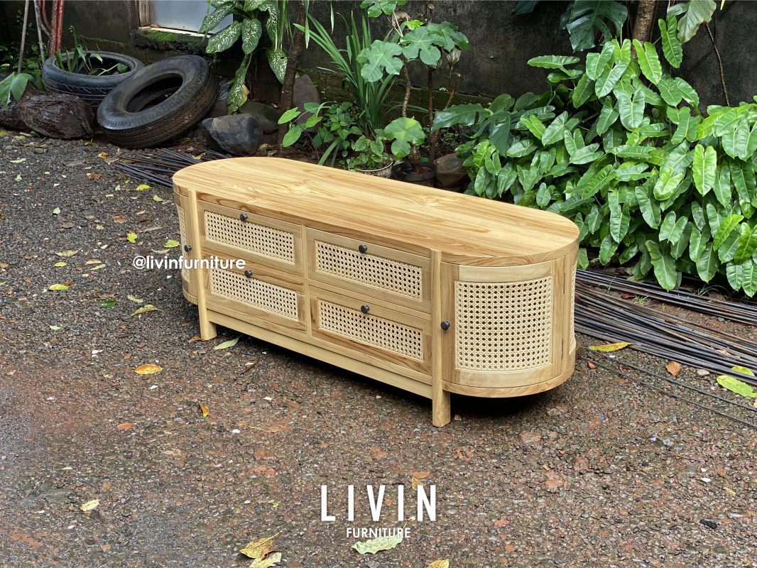 Meja TV Jati Rotan Oval 4 Laci 2 Pintu Modern Minimalis