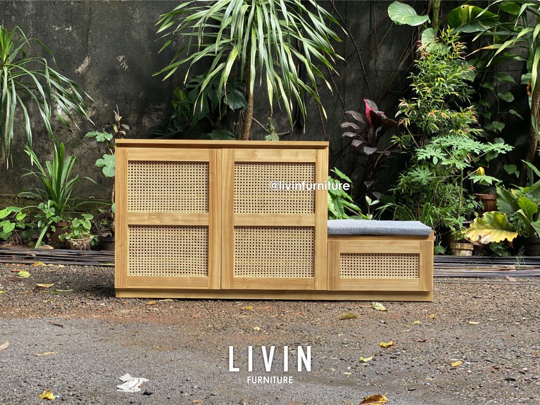 Rak Sepatu Jati Rotan 2 Pintu 1 Laci Modern Minimalis