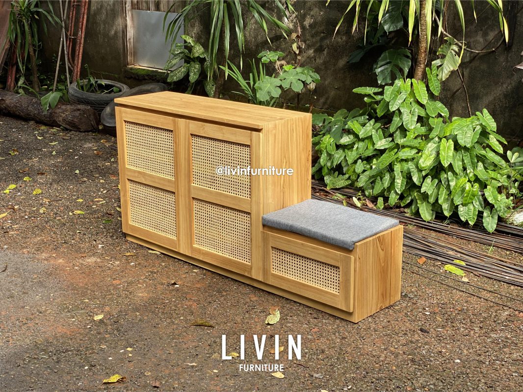 Rak Sepatu Jati Rotan 2 Pintu 1 Laci Modern Minimalis