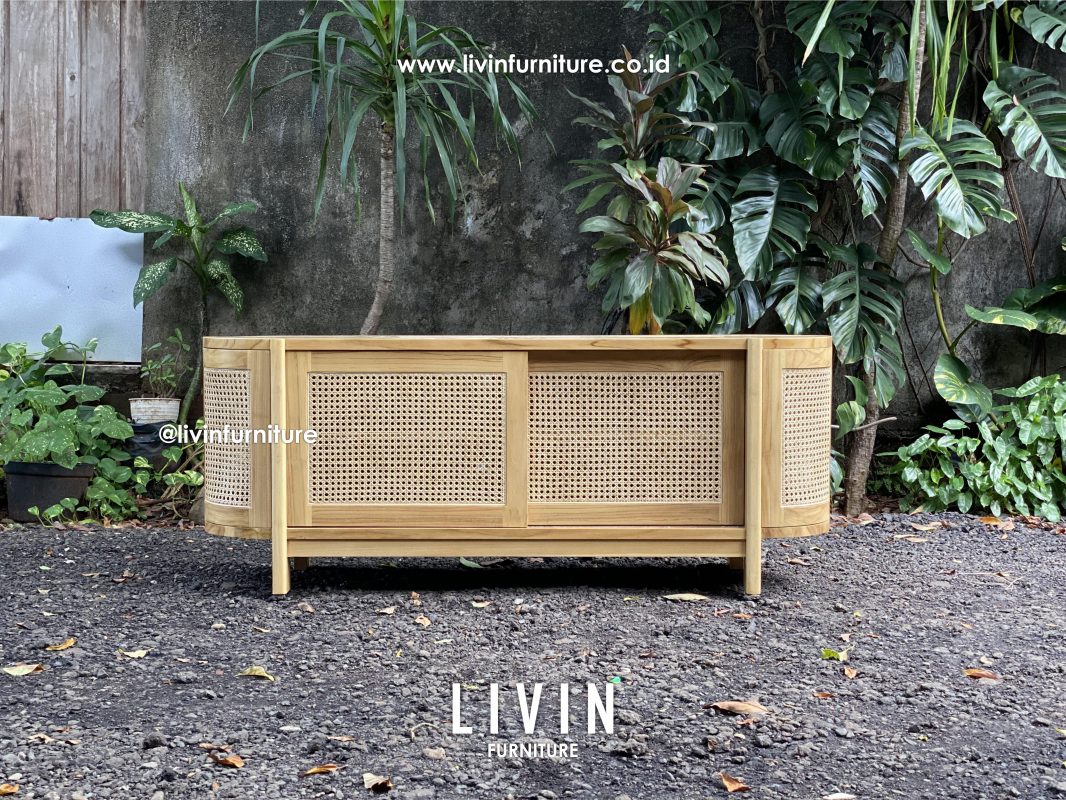 Meja TV Jati Rotan Oval Pintu Sliding Modern Minimalis