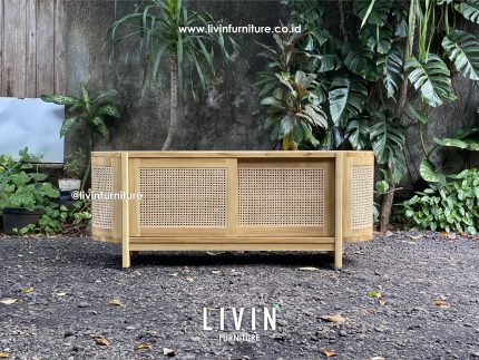 Meja TV Jati Rotan Oval Pintu Sliding Modern Minimalis