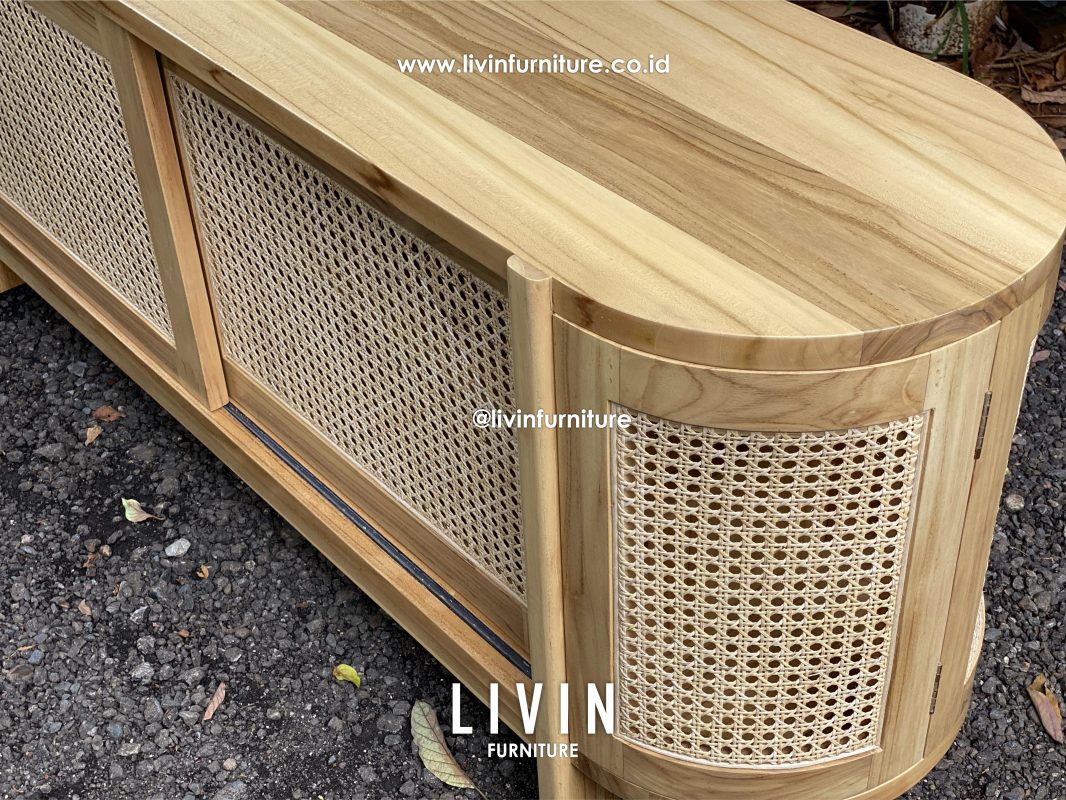 Meja TV Jati Rotan Oval Pintu Sliding Modern Minimalis