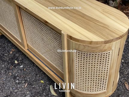 Meja TV Jati Rotan Oval Pintu Sliding Modern Minimalis