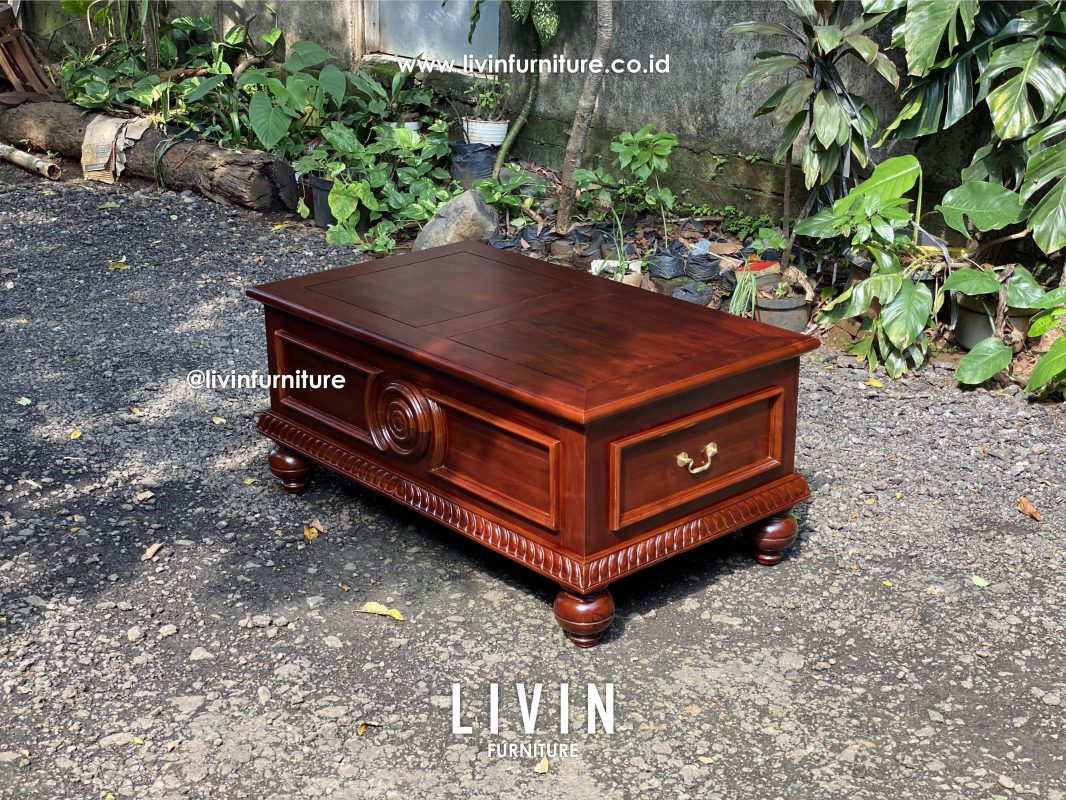 Meja Tamu Jati Ukir Klasik 2 Laci Modern Mewah