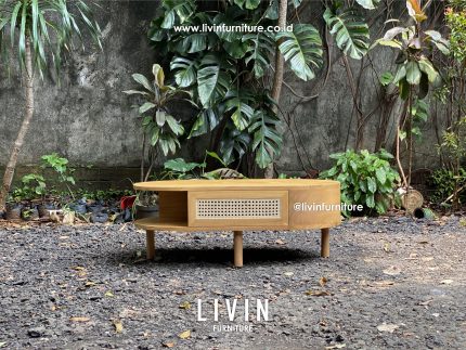 Meja Tamu Jati Rotan Oval Laci Modern Minimalis