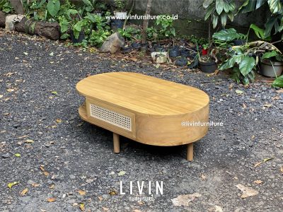 Meja Tamu Jati Rotan Oval Laci Modern Minimalis