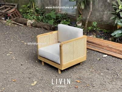 Kursi Tamu Jati Rotan Single Japandi Minimalis