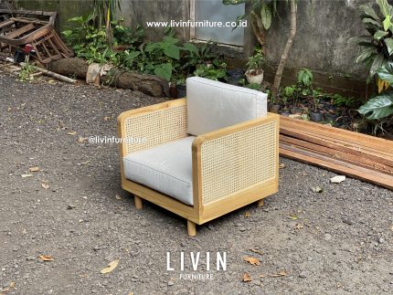 Kursi Tamu Jati Rotan Single Japandi Minimalis