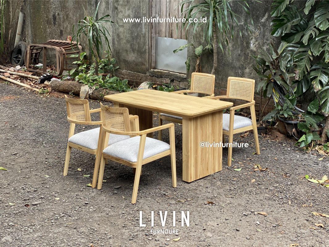Meja Makan Jati Salur 4 Kursi Jati Rotan Modern Minimalis