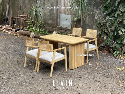 Meja Makan Jati Salur 4 Kursi Jati Rotan Modern Minimalis