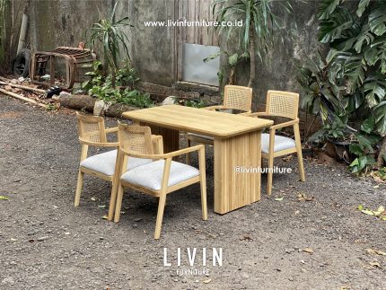 Meja Makan Jati Salur 4 Kursi Jati Rotan Modern Minimalis