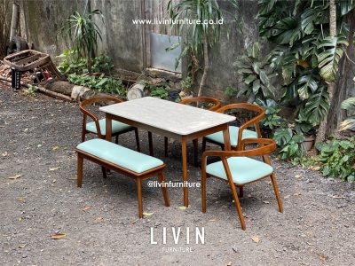 Meja Makan Jati Marmer 4 Kursi 1 Bench Minimalis