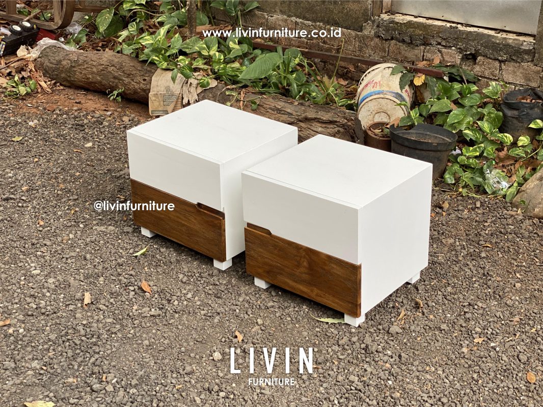 Nakas Jati Rustic Putih 2 Laci Klasik Minimalis