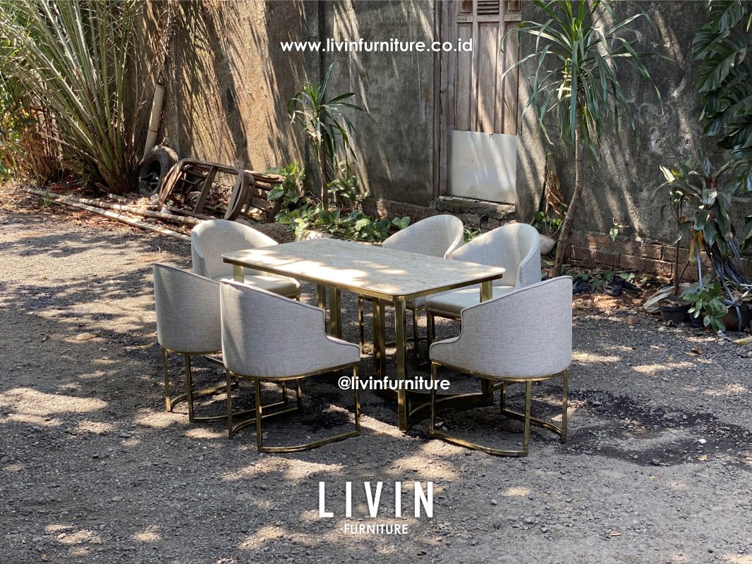Meja Makan Stainless Marmer 6 Kursi Sofa Modern Mewah